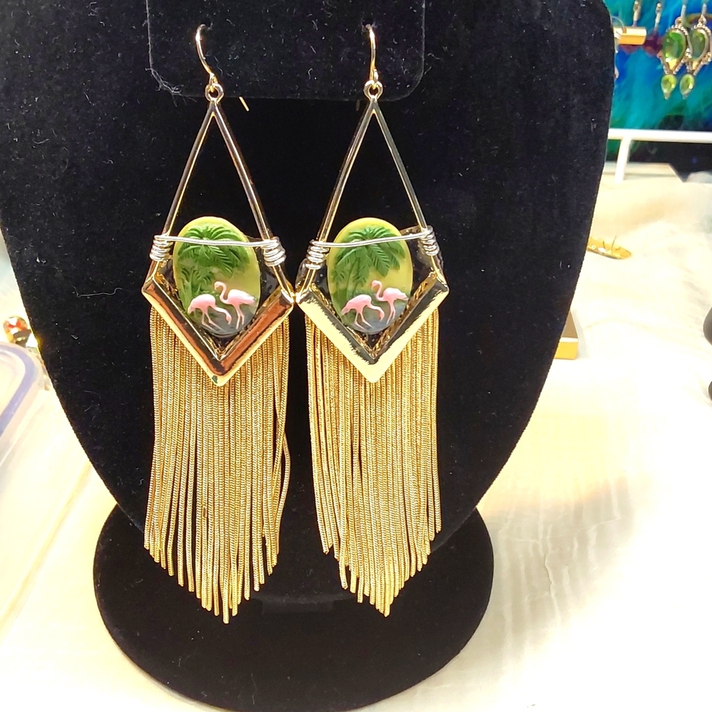 Gold tasseled earrings.With sterling wire and flamingo cameos approx. 4 in